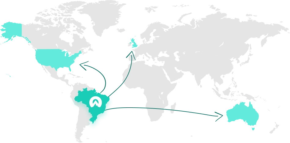 Mapa-mundi com EUA, Inglaterra e Austrália selecionados com verde