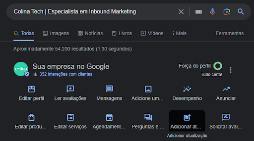 Tela de Menu central ao acessar o Google Meu Negócio