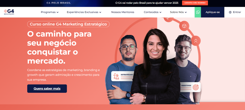 A imagem mostra uma captura de tela da página do curso “G4 Marketing Estratégico” do site G4 Educação


