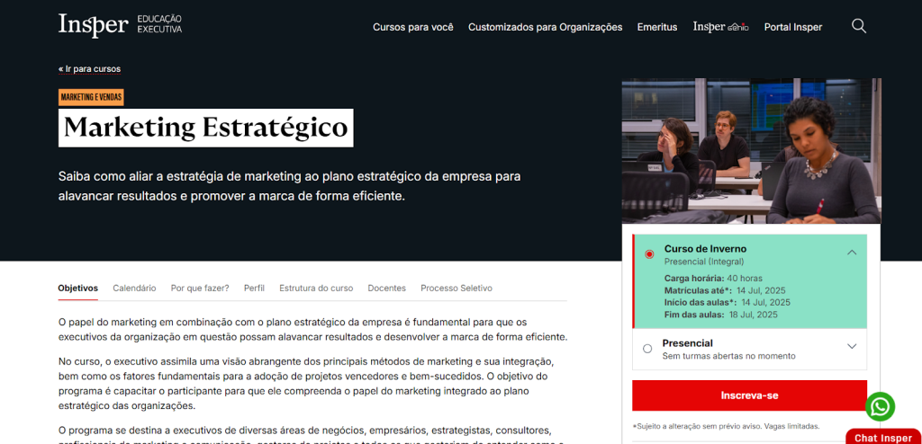 A imagem mostra uma captura de tela da página do curso “Marketing Estratégico” do site Insper