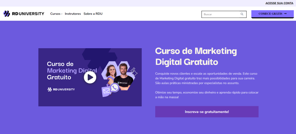 A imagem mostra uma captura de tela da página do curso de marketing digital gratuito do site RD University 

