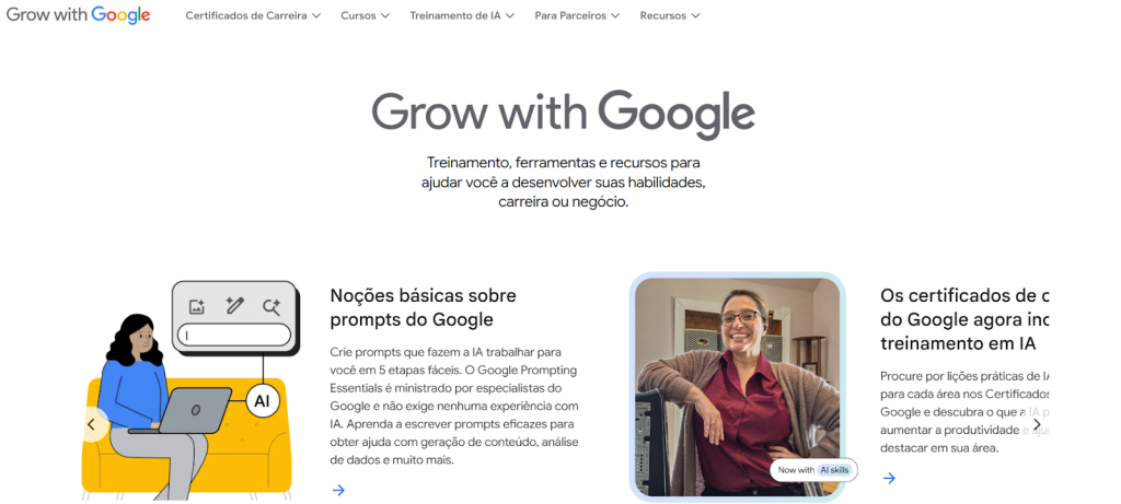 A imagem mostra uma captura de tela da página do curso de noções básicas de redes sociais, ou “Grow with Google, do Google

