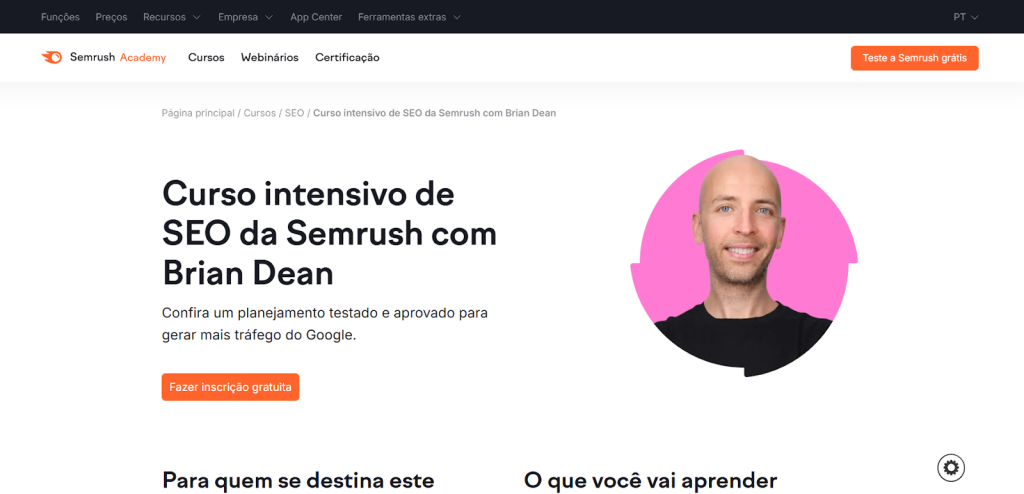 A imagem mostra uma captura de tela da página do “Curso intensivo de SEO da Semrush com Brian Dean do site Semrush

