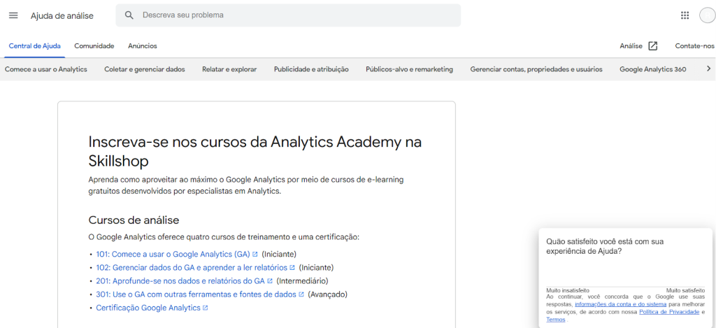 A imagem mostra uma captura de tela da página do curso de “Analytics para iniciantes” do Google

