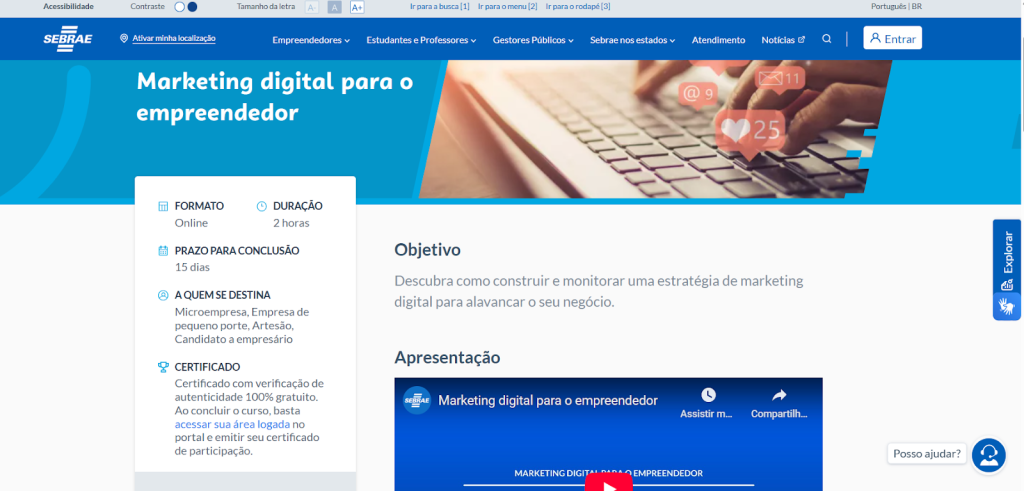A imagem mostra uma captura de tela da página do curso de “Marketing digital para o empreendedor” do site SEBRAE

