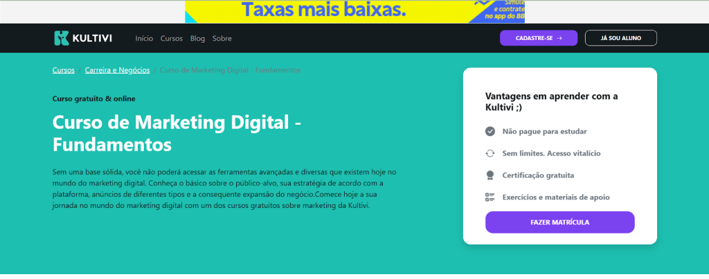 A imagem mostra uma captura de tela da página do curso de “Marketing Digital - Fundamentos” do site Kultivi

