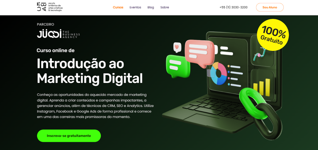 A imagem mostra uma captura de tela da página do curso “Introdução ao Marketing Digital” do site EBAC

