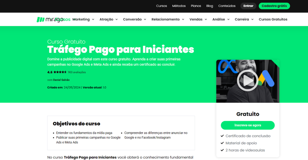 A imagem mostra uma captura de tela da página do curso “Tráfego Pago para Iniciantes” do site Mirago

