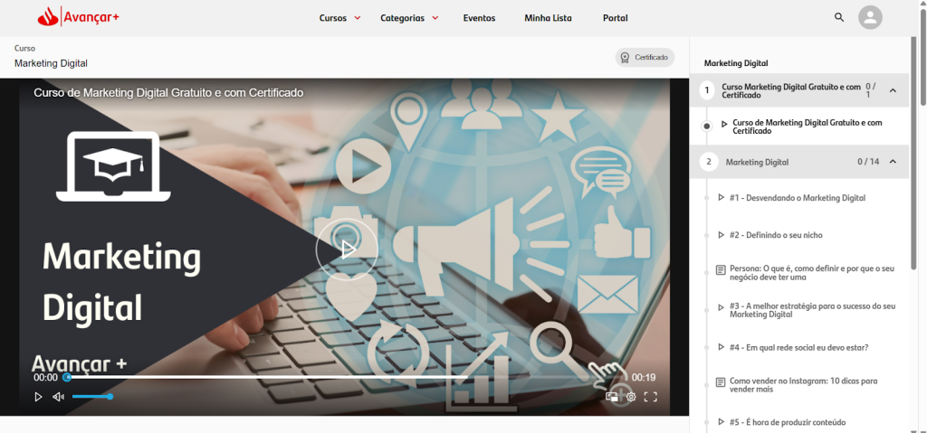 A imagem mostra uma captura de tela da página do curso de marketing digital do site Avançar+

