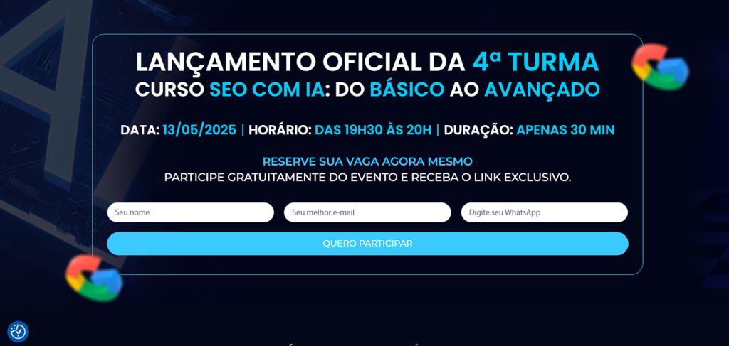 A imagem mostra uma captura de tela da página do curso “SEO com IA: do Básico ao Avançado” do site Escola de SEO

