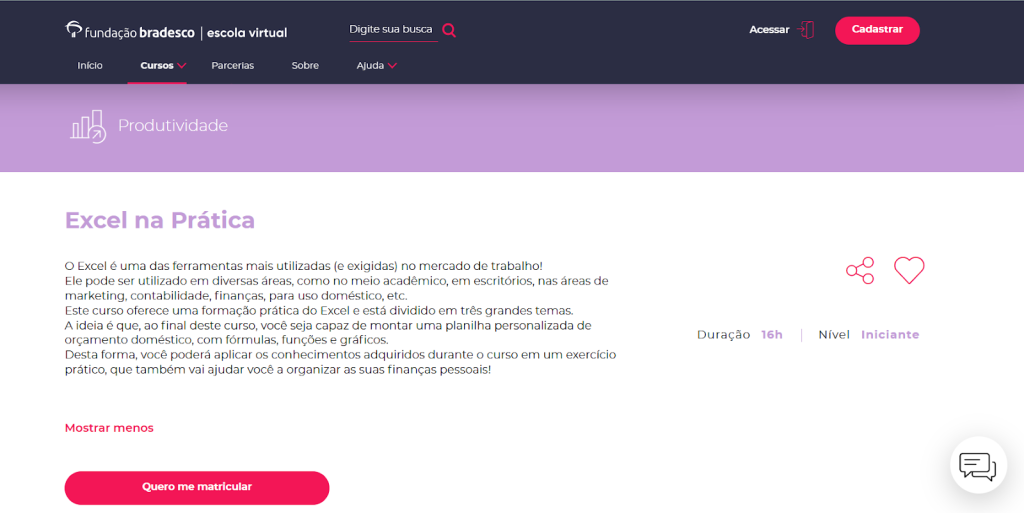A imagem mostra uma captura de tela da página do curso “Excel na Prática” do site Fundação Bradesco

