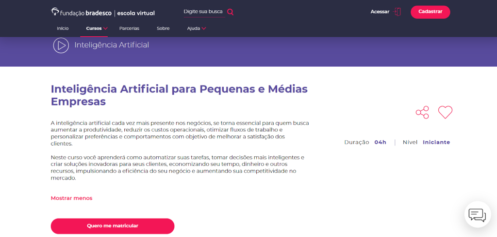 A imagem mostra uma captura de tela da página do curso “Inteligência Artificial para Pequenas e Médias Empresas” do site Fundação Bradesco

