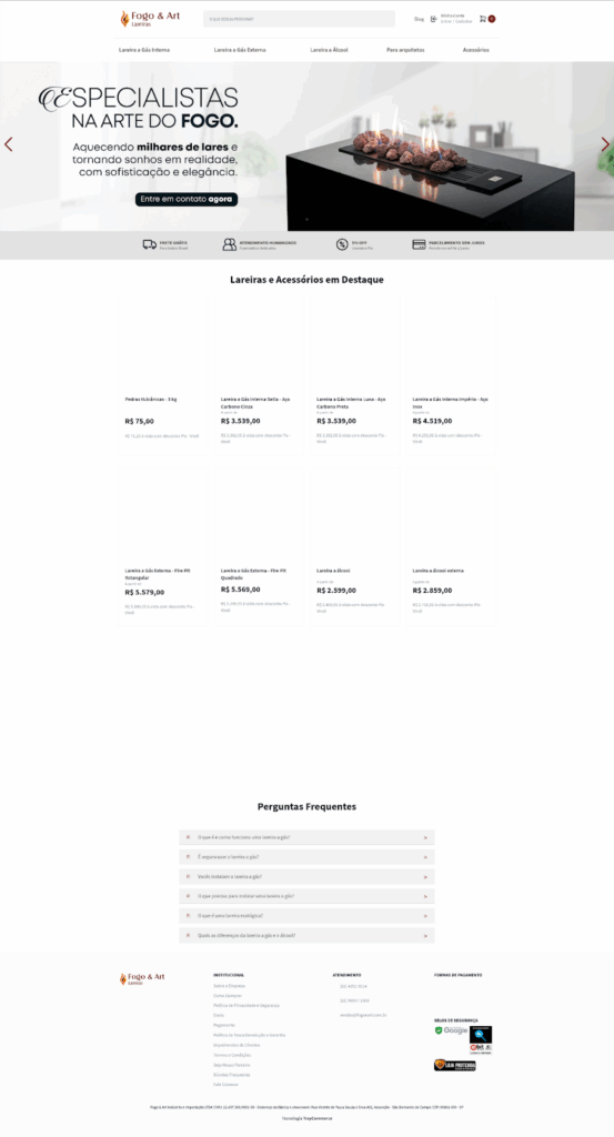 Captura De Tela Do Site Antigo Da Fogo E Art, Mostrando O Layout Anterior Da Página Inicial Com Banner Principal, Menu Superior, Seção De Produtos Em Destaque E Área De Perguntas Frequentes.