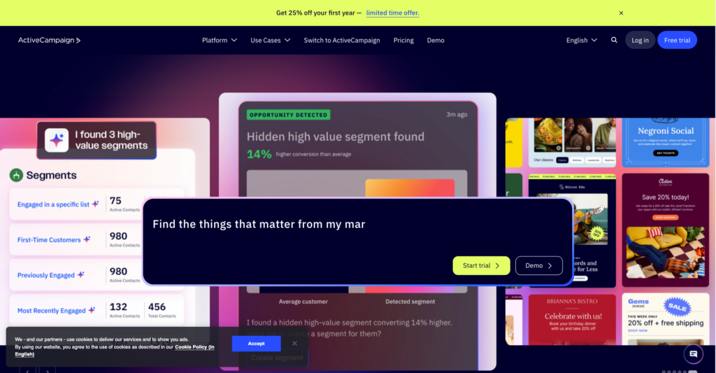 Painel Do Activecampaign Exibindo Segmentos De Leads E Detecção Automática De Oportunidades De Conversão