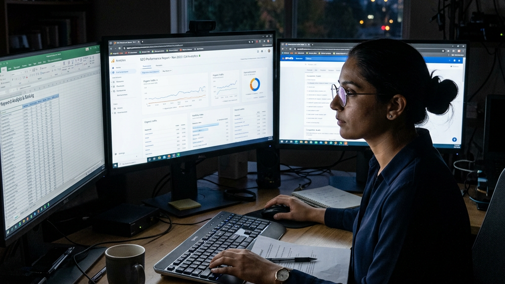 Profissional De Marketing Digital Analisando Campanhas Em Monitor, Representando Gestão De Tráfego Pago E Seo Em Natal Rn