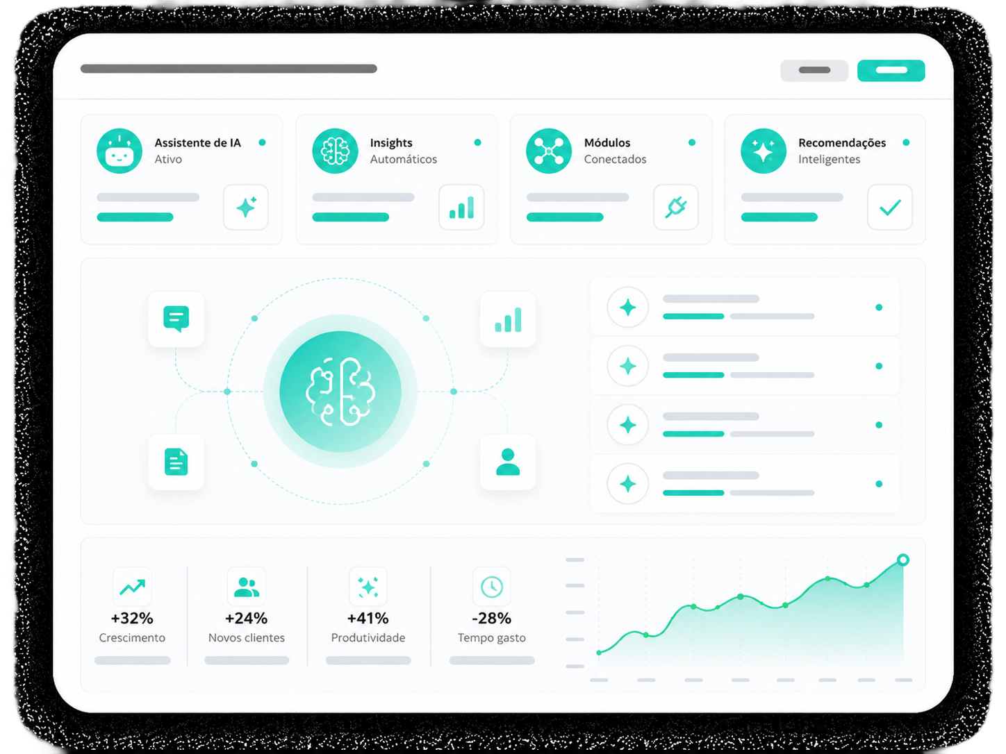 Dashboard de assistente de IA com insights, módulos e recomendações automáticas